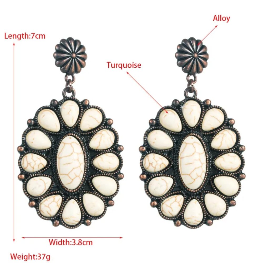 Western Southwestern Silver & Turquoise Boho Oval Dangle Earrings NEW - Picture 3 of 4